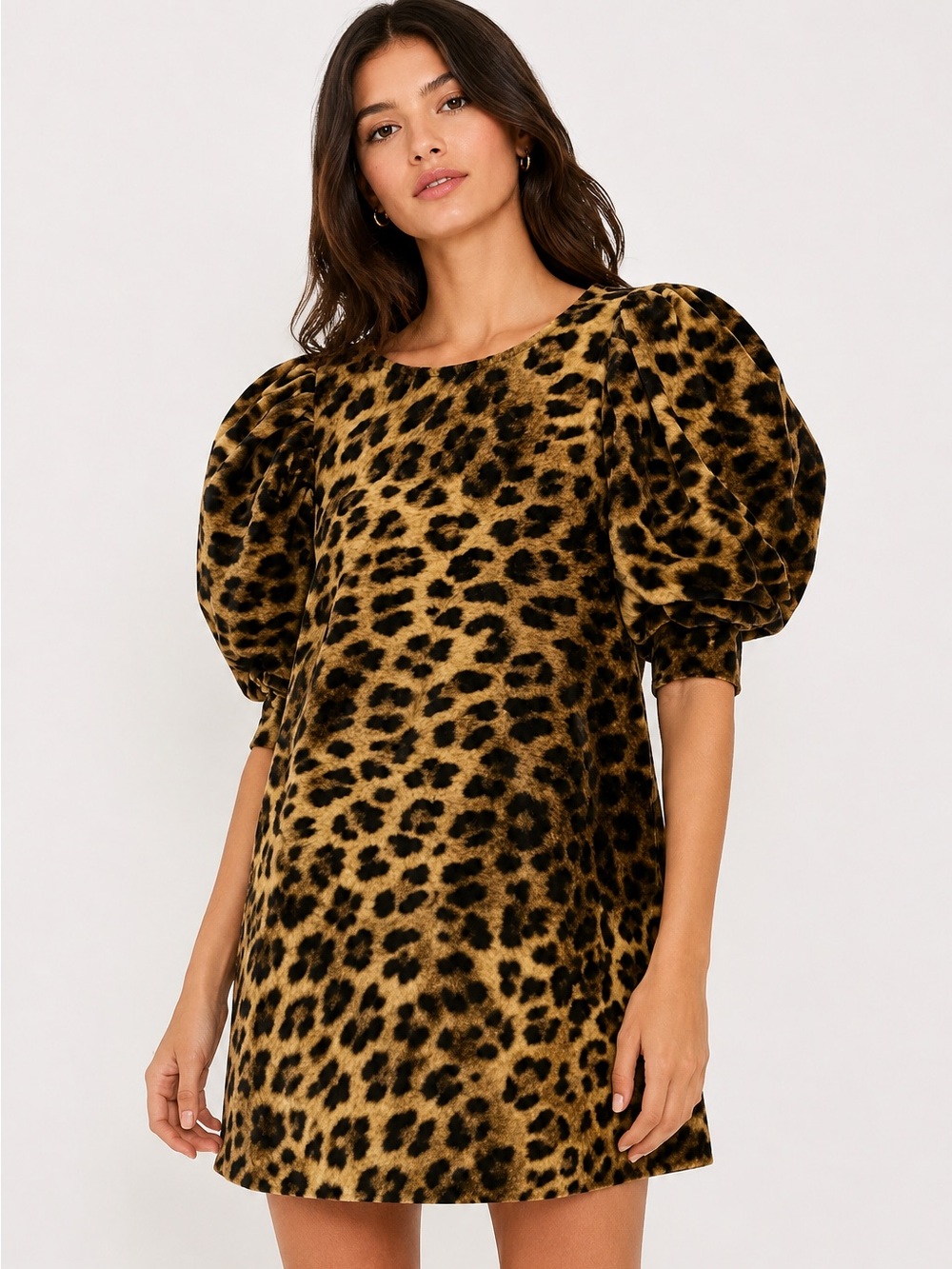 Loeffler Randall Willy Mini Dress Leopard Velvet Puff Sleeve NWT Size 4